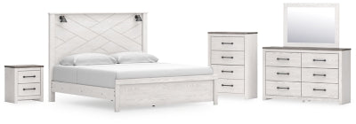 Cama de paneles Gerridan King, cómoda, espejo, arcón y mesita de noche