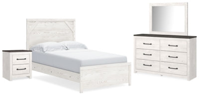 Cama de panel completo, cómoda, espejo y mesita de noche Gerridan