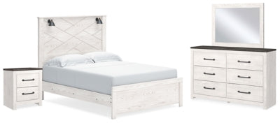 Cama de panel Queen, cómoda, espejo y mesita de noche Gerridan