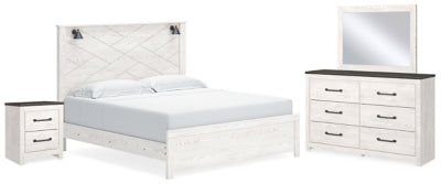 Cama con paneles Gerridan King, cómoda, espejo y mesita de noche
