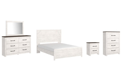 Cama de panel Queen Gerridan con cómoda y espejo, coqueta y mesita de noche