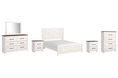 Cama Queen Gerridan con cómoda y espejo, coqueta y 2 mesitas de noche