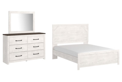 Cama Queen con panel, cómoda y espejo Gerridan