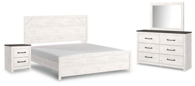 Cama con paneles Gerridan King con tocador con espejo y mesita de noche