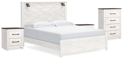 Cama Gerridan King con Panel, Cómoda y 2 Mesitas de Noche