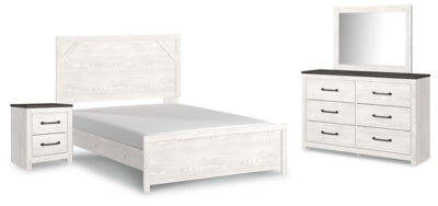 Cama Queen Gerridan con cómoda con espejo y mesita de noche