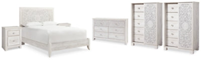 Cama con panel Queen Paxberry, cómoda, 2 cajoneras y 2 mesitas de noche