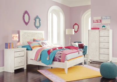 Cama con panel completo, cómoda y mesita de noche Paxberry