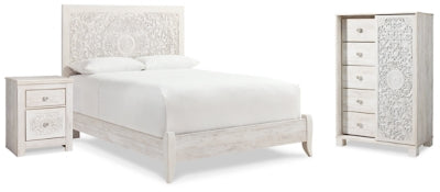 Cama queen con paneles, cómoda y mesita de noche Paxberry