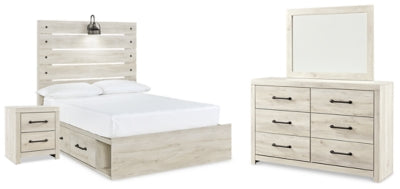Cama con panel completo, cajones de almacenamiento, cómoda, espejo y mesita de noche Cambeck