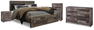 Cama tamaño King, cómoda, sinfonier y mesita de noche Derekson
