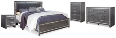 Cama de panel tapizada tamaño King Lodanna, cómoda, sinfonier y 2 mesitas de noche