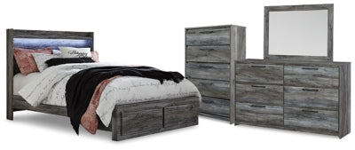Cama Queen con almacenaje Baystorm, cómoda, espejo y arcón
