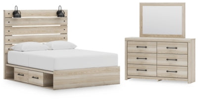 Cama Queen Senbry con panel, almacenamiento, cómoda y espejo
