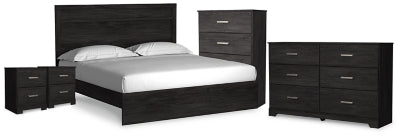 Juego de dormitorio Belachime King que incluye cama, cómoda, arcón y 2 mesitas de noche