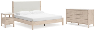 Cama con Panel Tapizado, Cómoda y Mesita de Noche Cadmori King