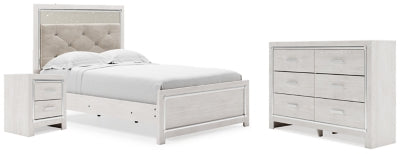 Cama de panel totalmente tapizada Altyra, cómoda y mesita de noche