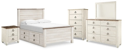 Cama de panel completo Willowton con almacenamiento, cómoda, espejo, chiffonier y mesita de noche