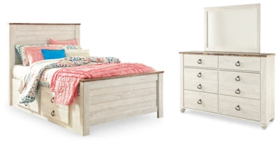Cama de panel completo Willowton con almacenamiento, cómoda y espejo
