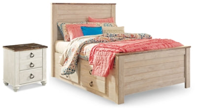 Cama con Panel Completo y Almacenamiento y Mesita de Noche Willowton