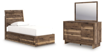 Cama con paneles dobles Zadilyn con almacenamiento, cómoda y espejo