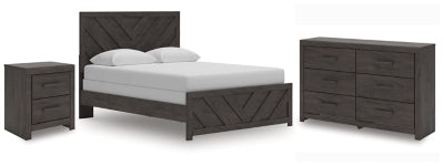 Cama de paneles Queen, cómoda y mesita de noche Prendonea
