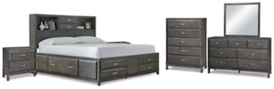 Cama Queen con almacenaje, cómoda, espejo, arcón y 2 mesitas de noche Caitbrook