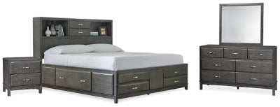 Cama de almacenamiento King Caitbrook, cómoda, espejo, arcón y mesita de noche