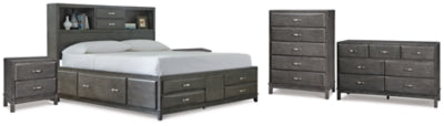 Cama Queen Caitbrook con almacenaje, cómoda, arcón y 2 mesitas de noche
