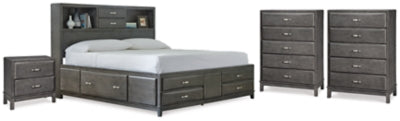 Cama Queen Caitbrook con almacenaje, 2 cómodas y 2 mesitas de noche