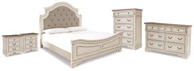 Cama de panel King, cómoda, sinfonier y 2 mesitas de noche Realyn
