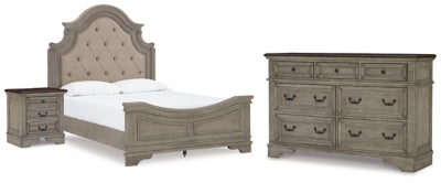 Cama panel tapizada Queen, cómoda y mesita de noche Lodenbay