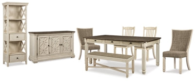 Mesa de comedor Bolanburg, 4 sillas, banca, aparador y vitrina de exhibición
