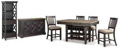 Mesa de altura de mostrador Tyler Creek con 4 taburetes de bar, aparador y vitrina